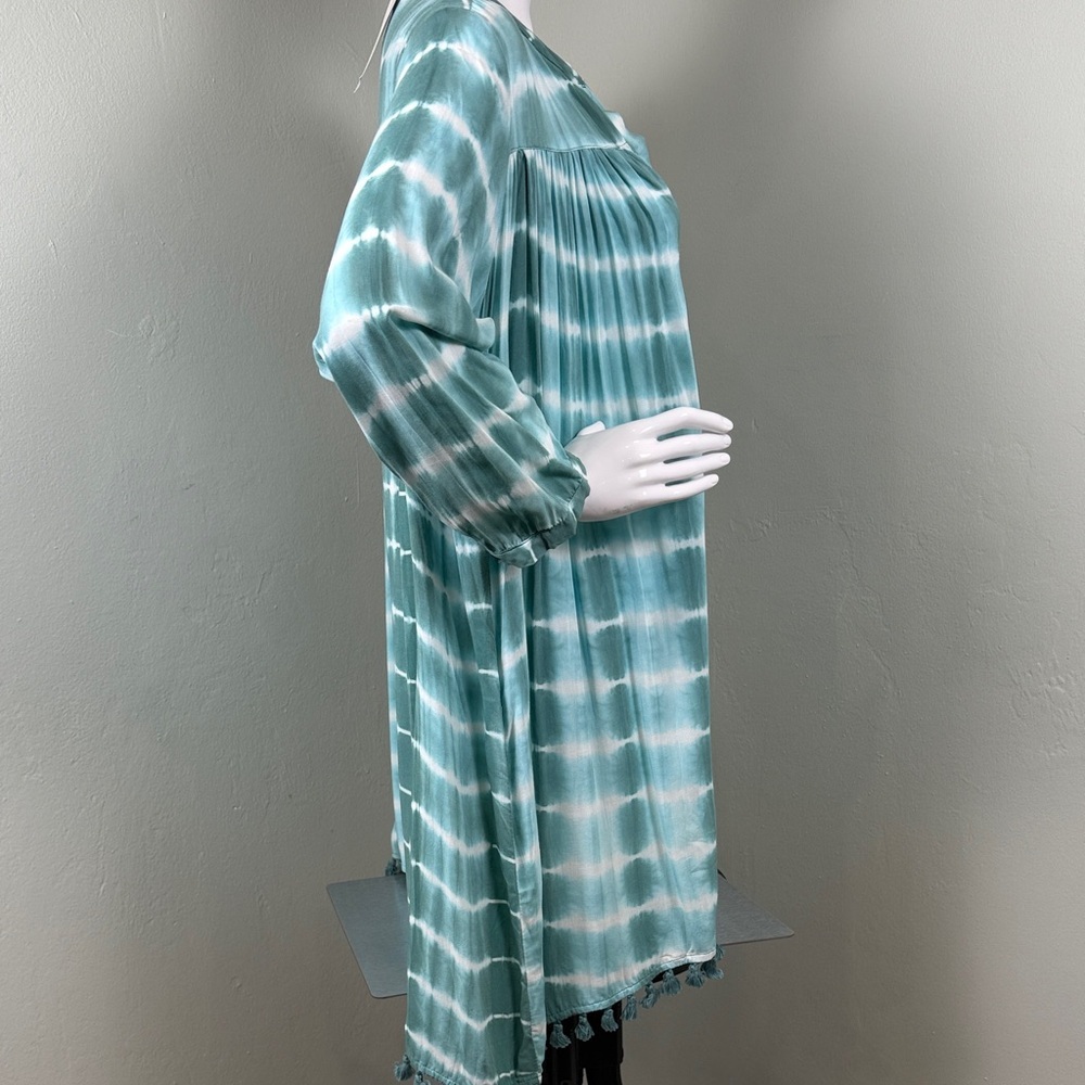 Olivaceous Tie Dye & Tassel Green White Tunic Beach Resort Vacation Size Large - Picture 1 of 4